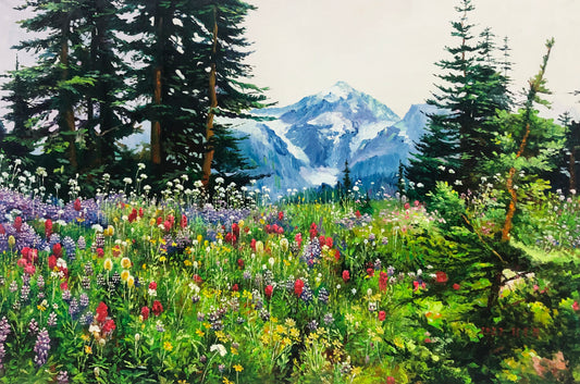Original Oil Painting "A Hundred Flowers in Bloom" by DPRK First-Class Painter Ri Ok Hui – One-of-a-Kind Hand-Painted Mountain Landscape Art G2367