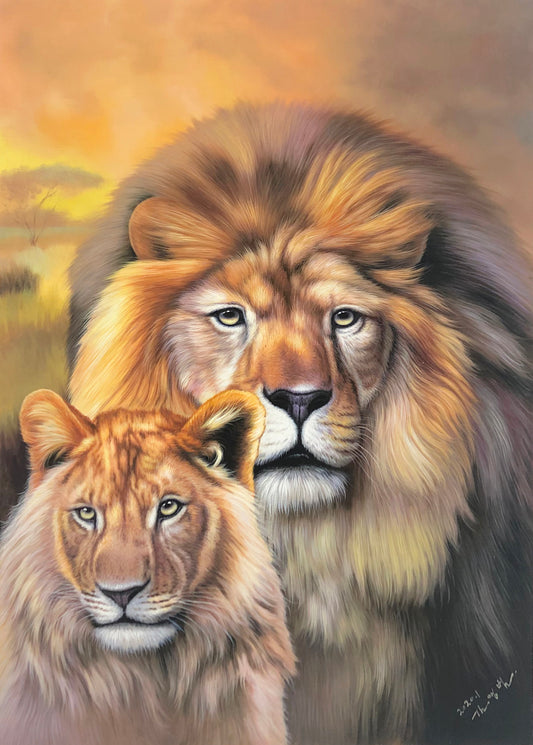 Original Oil Painting – Lions | Hand‑Painted Hyper‑Realist Lion & Wildlife Art by Kim Young Beom G2374