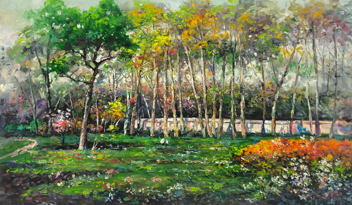 "The Vibrant Woods" - Original Impressionist Park Forest Landscape Oil Painting by First-Class Artist Hong Mingri | 100x59cm Hand-Painted Vivid Impasto Canvas Masterpiece G2410