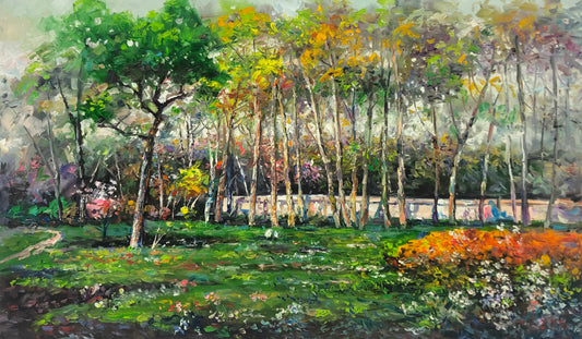 "The Vibrant Woods" - Original Impressionist Park Forest Landscape Oil Painting by First-Class Artist Hong Mingri | 100x59cm Hand-Painted Vivid Impasto Canvas Masterpiece G2410