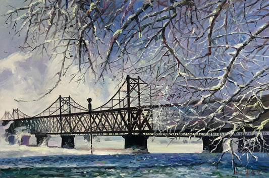 Original Oil Painting "Yalu River Bridge" by Meritorious Painter Hong Myung Il – Collectible Hand-Painted Impressionist Winter Landscape Art G2428