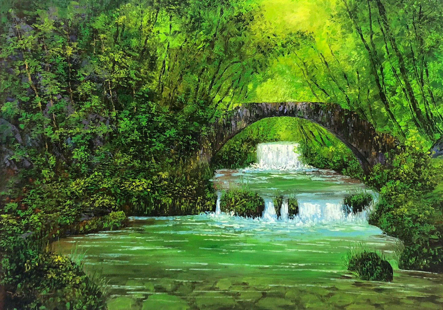 Original Oil Painting "Green Mountains and Clear Waters" by DPRK First-Class Artist Kim Jong Soo – Collectible Hand-Painted Landscape Art G2460