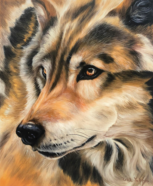Original Oil Painting "Wolf" by DPRK First-Class Painter Kim Jong Soo – Collectible Hand-Painted Wildlife Art G2463
