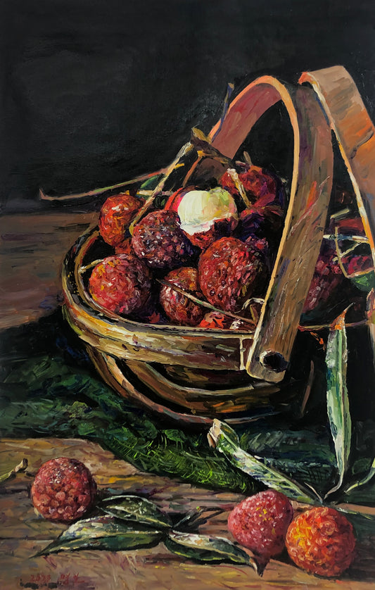 Original Oil Painting "Good Luck & Lychee" by Hong Mingri, First-Class Artist | Still Life Wall Art for Dining Room G2470