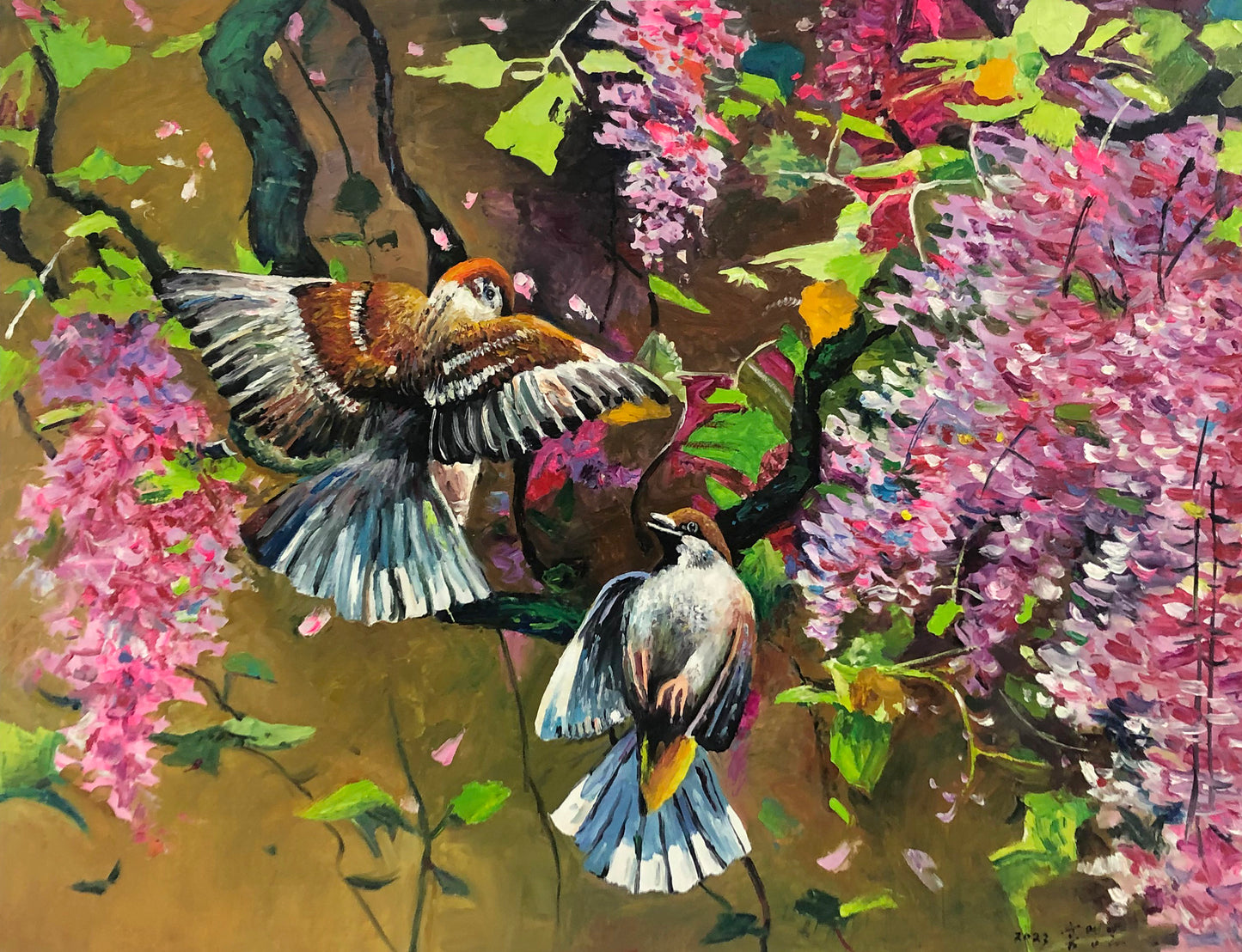 Original Oil Painting "Birds" by First-Class Painter Hong Myung Il – Collectible Hand-Painted Impressionist Wildlife Art, One-of-a-Kind G2482