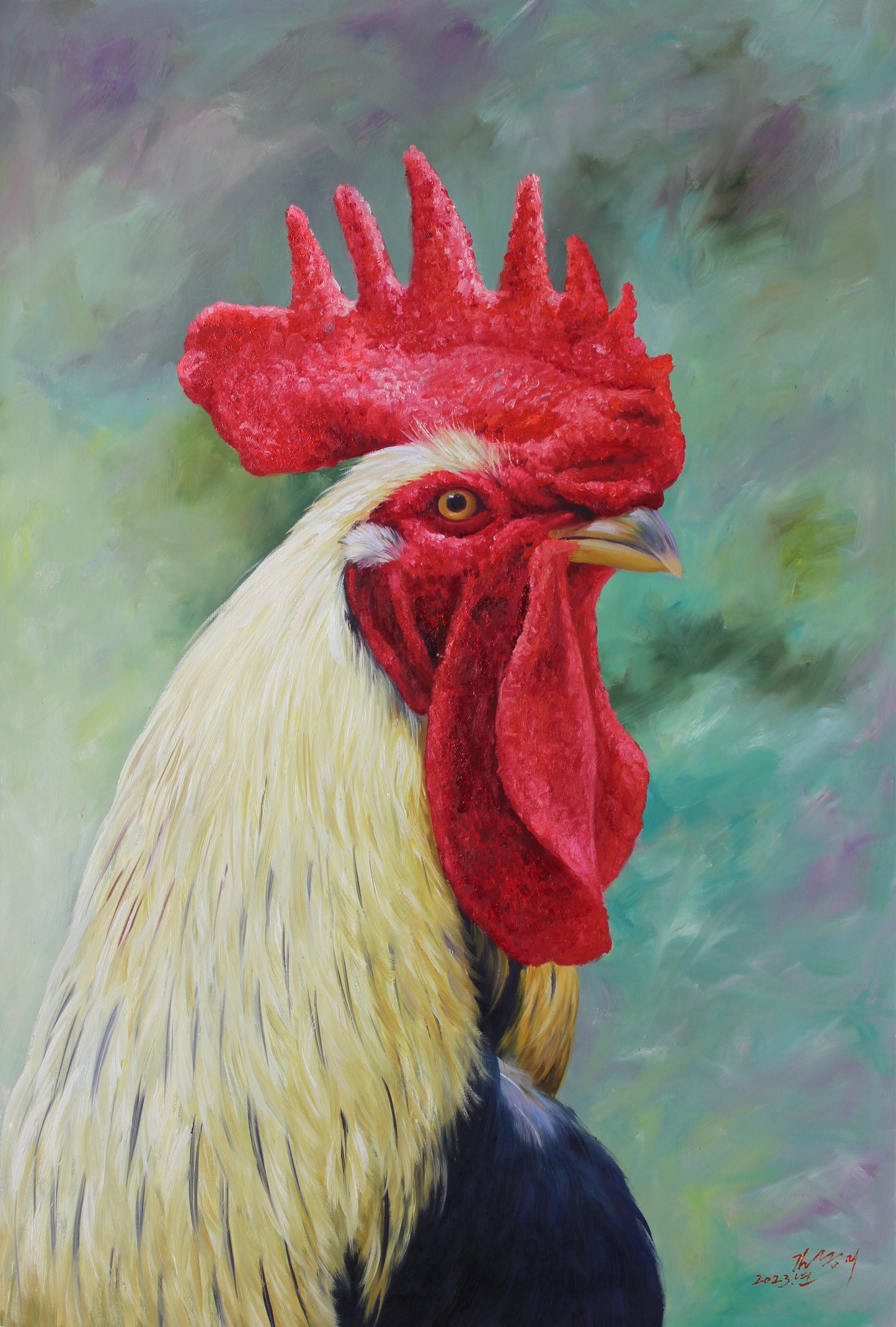 "The Sovereign Dawn" - Original Hyper-Realistic Rooster Portrait Oil Painting by First-Class Artist Kim Kyeong Mi | 61x91cm Hand-Painted Crimson Crown & Golden Plumage Canvas G2781