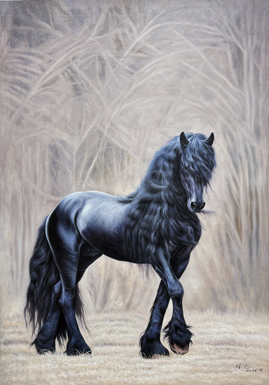 "The Sovereign Stallion" - Majestic Original Hyper-Realistic Animal Oil Painting by First-Class Artist Seong Jin | 117x77cm Grand-Scale Hand-Painted Royal Black Friesian Horse Canvas G3127