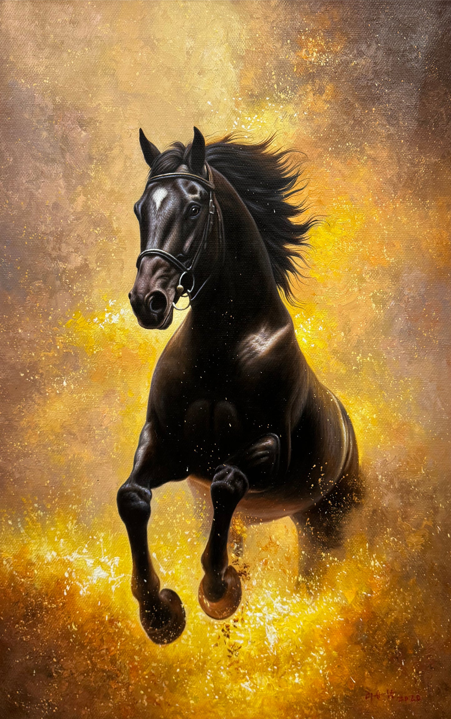 Original Black Horse Oil Painting by Li Sheng Nan | Hand-Painted Horse Artwork Collection G3169