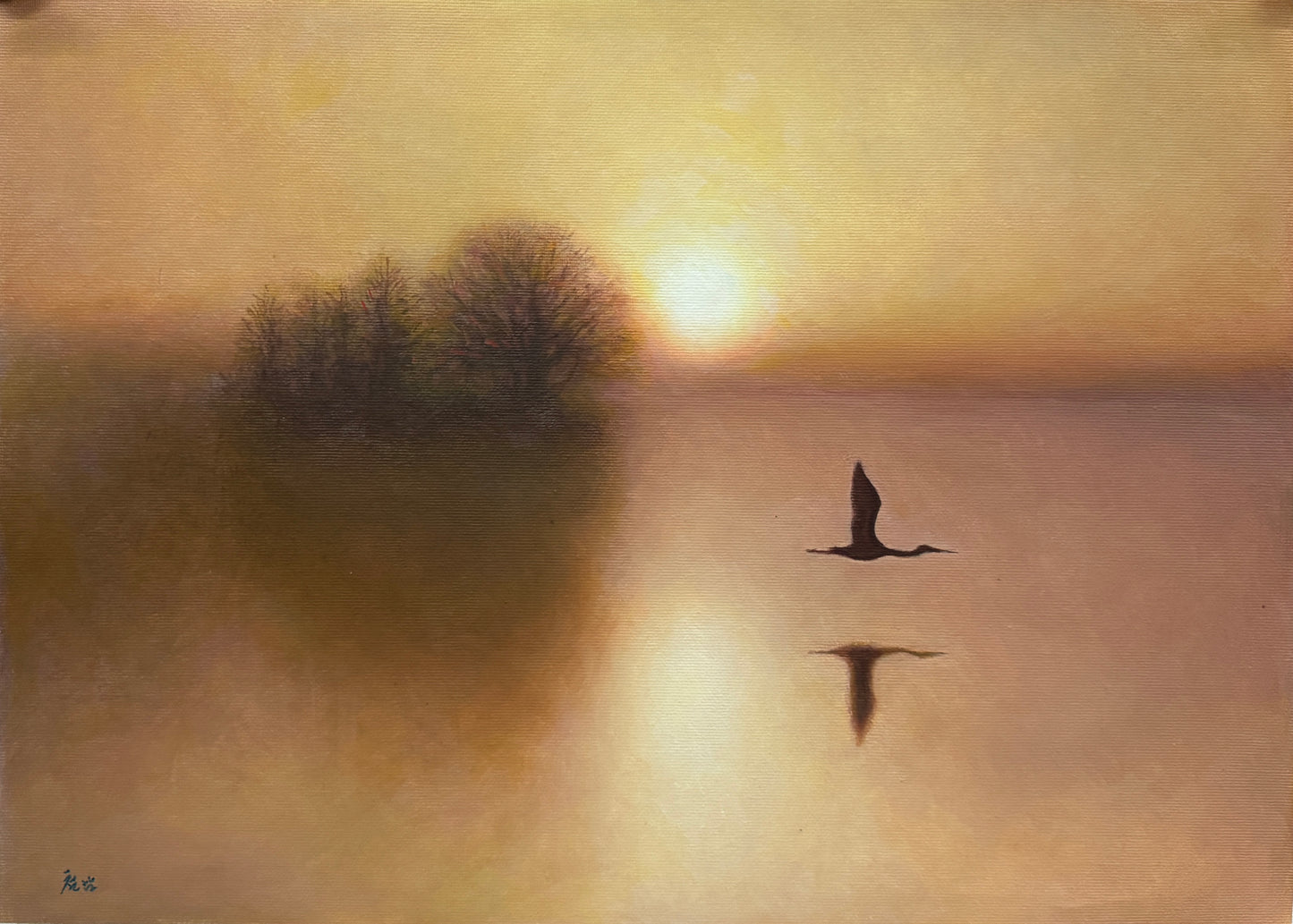 North Korean Sunset Landscape Oil Painting by Kim Cheol Nam “Lone Swan” 20009