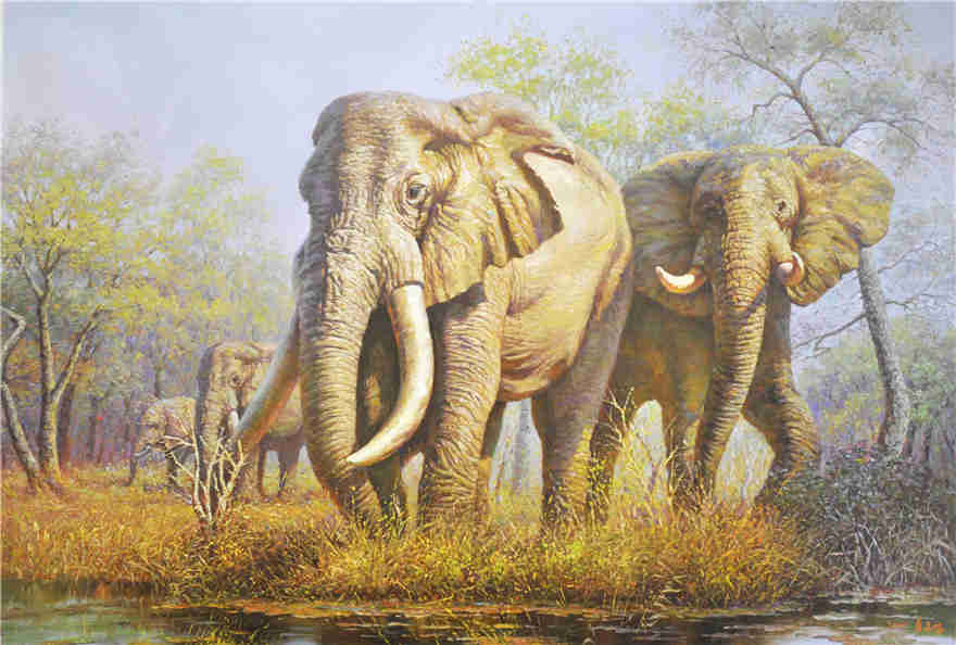 Original Oil Painting "Majestic Elephants in the Wetland" by Meritorious Artist Hong Yun Seok – Collectible Hand-Painted Realist Wildlife Art y031