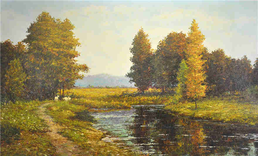 Original Oil Painting "Autumn Stream in the Countryside" by First-Class Painter Zhang Yun – Collectible Hand-Painted Impressionist Landscape Art y042